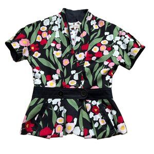 Kenzo Size M Floral Linen Blend Short Sleeve Blazer Jacket with Black Belt